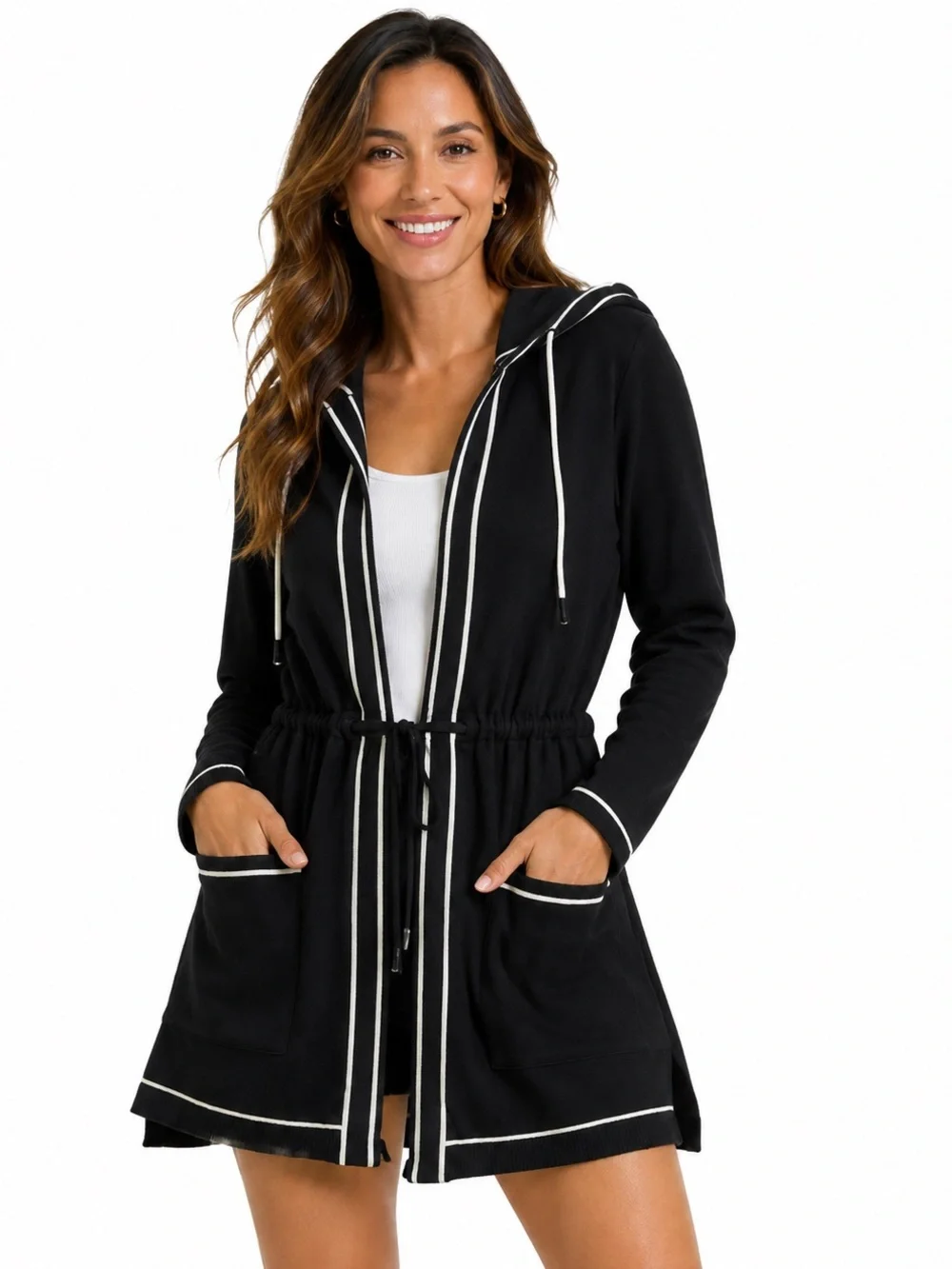 011.New Hooded  Knitted Cardigan with White Trim